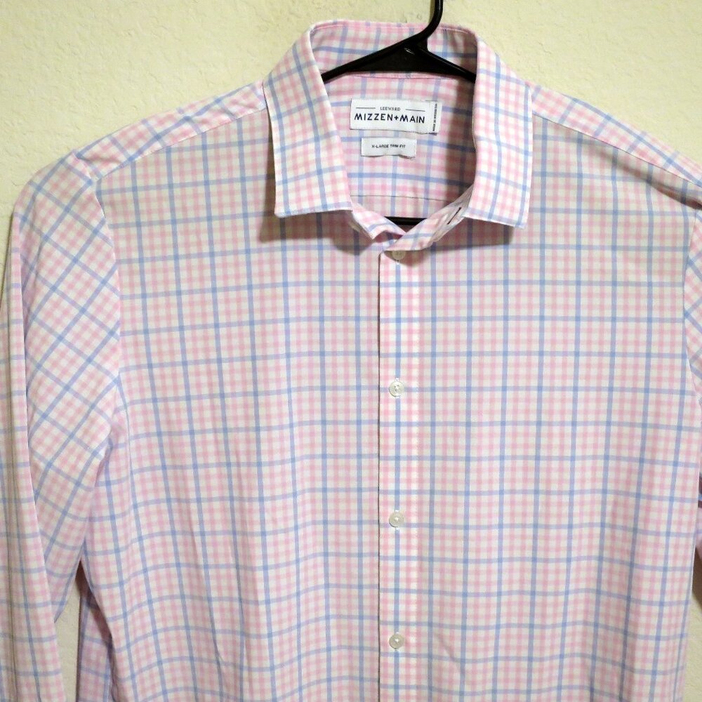Mizzen Main Shirt Mens XL Long Sleeve Button Trim Fit White Blue Pink Striped